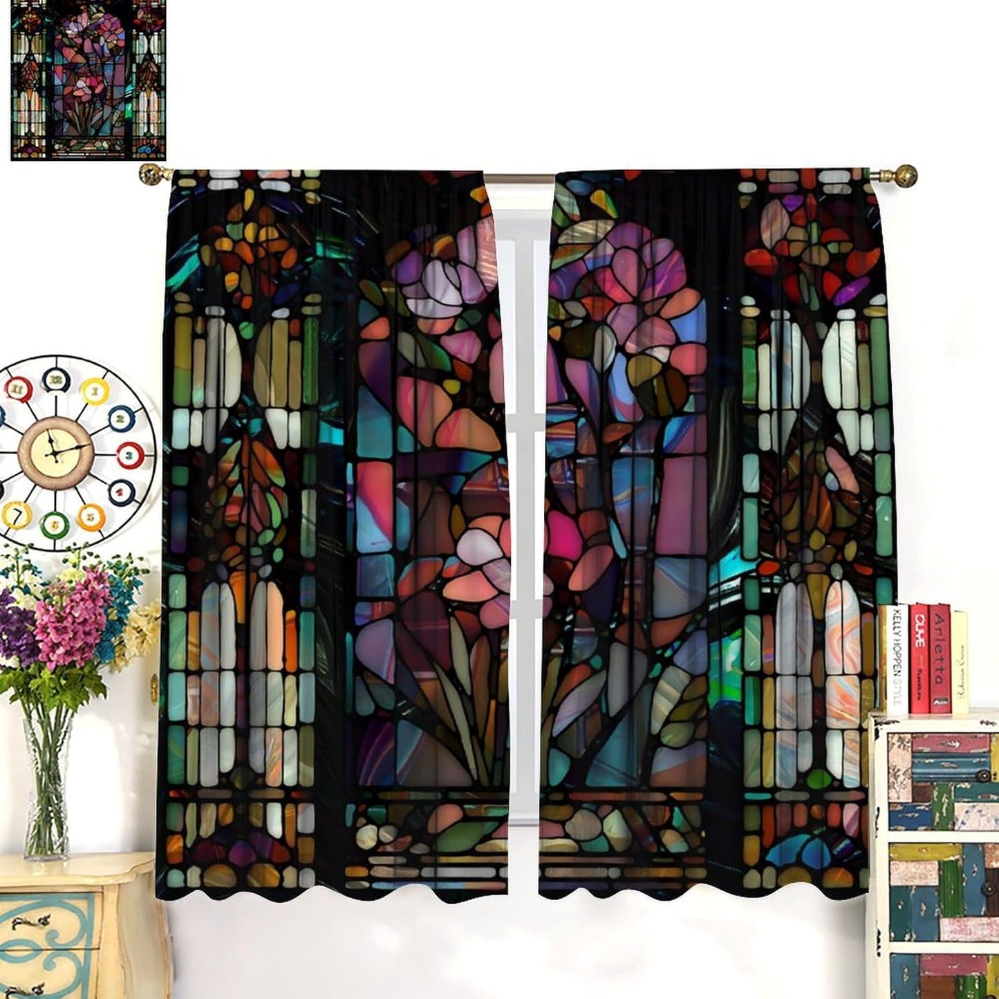 Stained Glass Curtains,Vintage Colorful Abstract Art Home Decor Drapes for Bedroom Living Room Kitchen Window Treatment 2 Panels Set Total Size 63" W X 72" L Inch