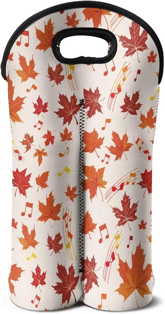 doginthehole Wine Carrier Tote 2 Bottle Champagne Bottle Protector Sleeve Pouch Fall Maple Leaf Musical Note Print Wine Bottle Packag Bag Wine Bags for Travel, Picnic, Party