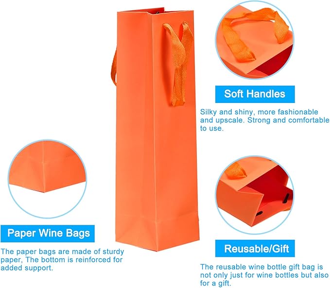 uxcell Wine Bags, 24pcs Orange 4 x 4 x 14 In Wine Gift Bags with Handles Paper Wine Tote Bag for Wedding Birthday Christmas Party Supplies