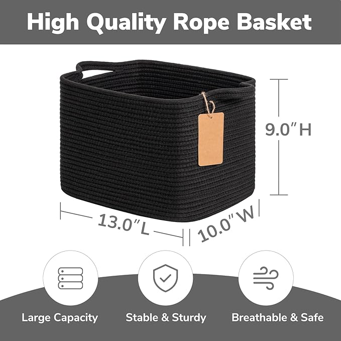 Goodpick Black Basket, Woven Baskets for Storage, Toy Baskets Storage Kids, Towel Basket with Handles, Storage Baskets for Shelves, Living Room, Bathroom, 13 x 10 x 9 Inches