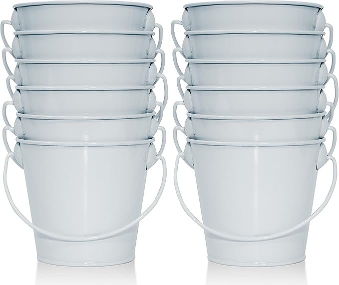 Small Metal Buckets with Handle 12 Pcs – Galvanized Bucket Leak Proof & Rust Resistant 8 fl oz Capacity - Best for Party Décor, Organizing & Decorating Classrooms (Mini 3.3" Top, White)