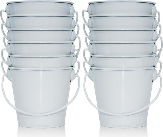 Small Metal Buckets with Handle 12 Pcs – Galvanized Bucket Leak Proof & Rust Resistant 8 fl oz Capacity - Best for Party Décor, Organizing & Decorating Classrooms (Mini 3.3" Top, White)