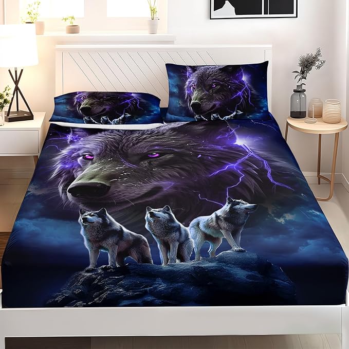 AILONEN Wolf Fitted Sheet Set Twin XL Size, Black Wolf Lightning Howling Wolf Bed Sheet Set for Boys,Wildlife Soft 3D Printed Fitted Sheet with 2 Pillowcases,3 Pieces