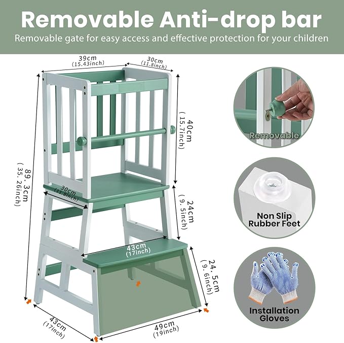 COSYLAND Kids Kitchen Step Stool, Toddler Standing Tower with CPC & FSC Certification, Removable Anti-Drop Railing Safety Rail Enjoys Unique Patented Design A Anti-tip Stable Structure Green & White
