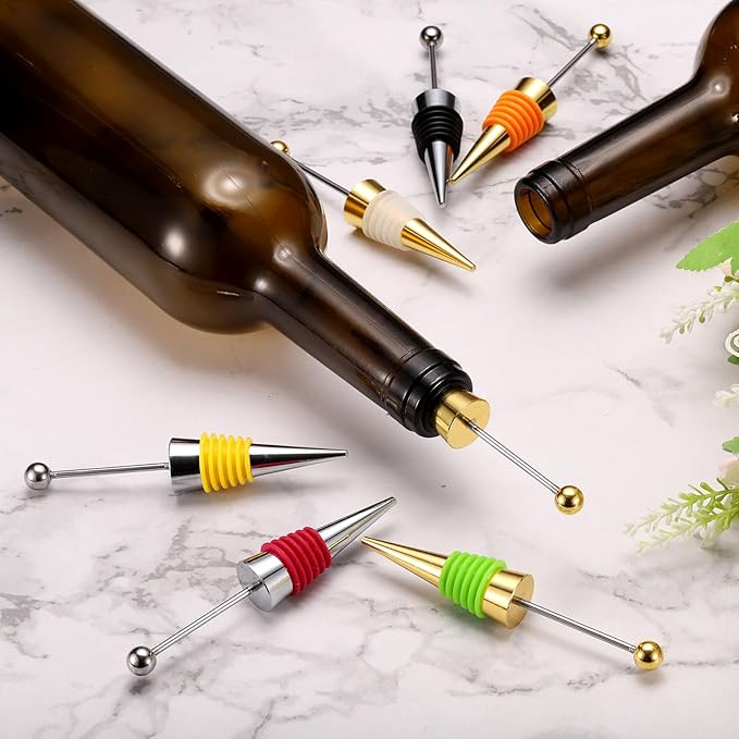 uxcell 10 Pcs Bead Wine Bottle Corks, Wine Stopper Cork, Wine Stopper, Reusable Wine Bottle Corks Sealing Plug Bottle for Beverage Holiday Party Bar,Silver/Deep Red