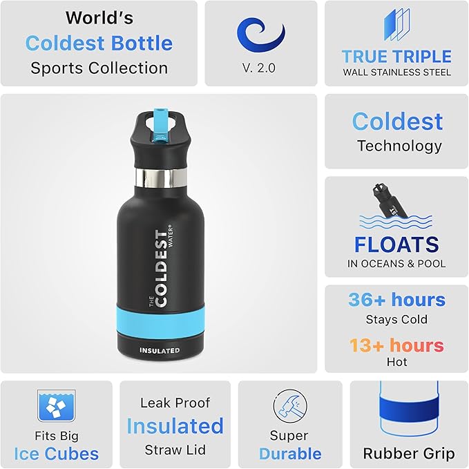 Coldest Water Bottle with Standard Mouth Straw Lid Metal Thermos Vacuum Insulated Stainless Steel l Reusable Leak Proof Cupholder Flask (12 oz, Stealth Black)