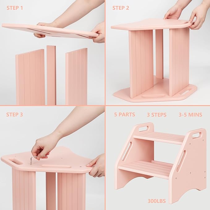 AMBIRD Wooden Step Stool, Two Step Stools Toddler 300 lbs Capacity with Safety Non-Slip Pads and Handles, Bamboo Step Stool for Bathroom, Kitchen Step Stools Dual Height Step Stools for Kids (Pink)