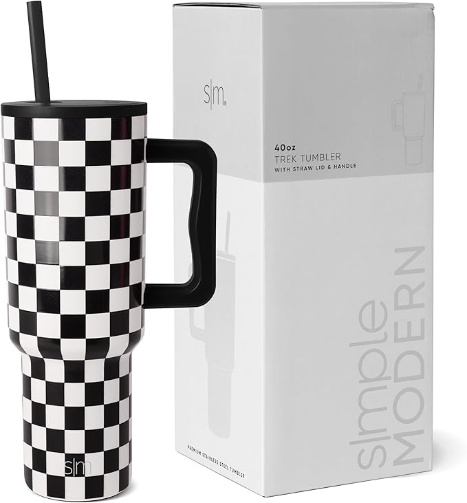 Simple Modern 40 oz Tumbler with Handle and Straw Lid | Insulated Reusable Stainless Steel Water Bottle Travel Mug Cupholder Friendly | Gift for Women Men | Trek Collection | Black and White Checkmate