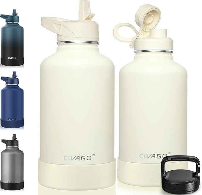 CIVAGO 64 oz Insulated Water Bottle With Straw, Half Gallon Stainless Steel Sports Water Flask Jug with 3 Lids (Straw, Spout and Handle Lid), Large Metal Thermal Cup Mug, Cream