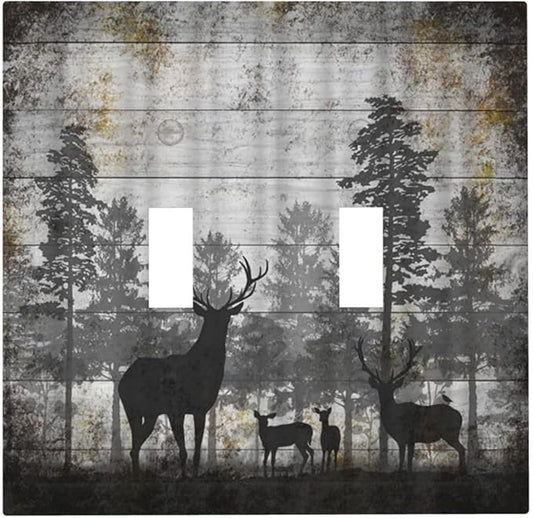 Rustic Deer Forest Vintage Wood Board Double Toggle Boho Light Switch Covers Decorative Country Unique 2 Gang Wall Plate Dual Electrical Faceplate Switchplate for Farmhouse Cabin Decor
