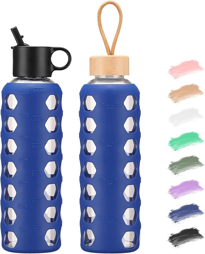 MUKOKO Glass Water Bottles, 24oz Glass Tumbler, Drinking Bottles with 2 Lids-Handle Flip Straw Lid&Bamboo Lid, Motivational Water Bottle with Time Marker and Silicone Sleeve, Leakproof-1 Pack-Blue