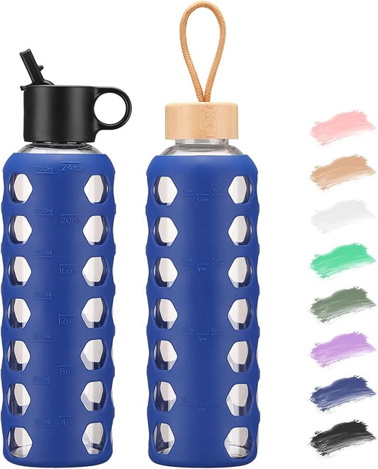 MUKOKO Glass Water Bottles, 24oz Glass Tumbler, Drinking Bottles with 2 Lids-Handle Flip Straw Lid&Bamboo Lid, Motivational Water Bottle with Time Marker and Silicone Sleeve, Leakproof-1 Pack-Blue