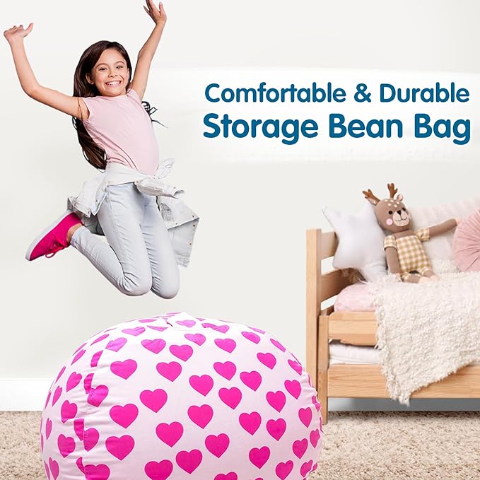 Lukeight Stuffed Animal Storage Bean Bag Chair Cover for Kids, Zipper Beanbag Chair Cover for Organizing Toddler and Kids' Rooms Plush Toys (Heart Velvet, XX-Large)
