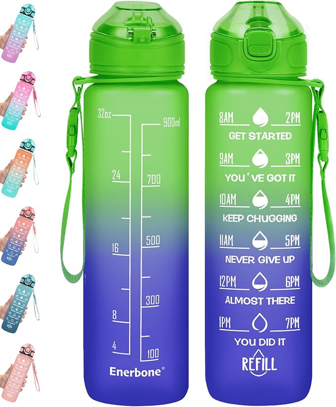 Enerbone 32 oz Drinking Water Bottle with Times to Drink and Straw, Motivational with Carrying Strap, Leakproof BPA & Toxic Free, Ensure You Drink Enough Water for Fitness Gym Outdoor