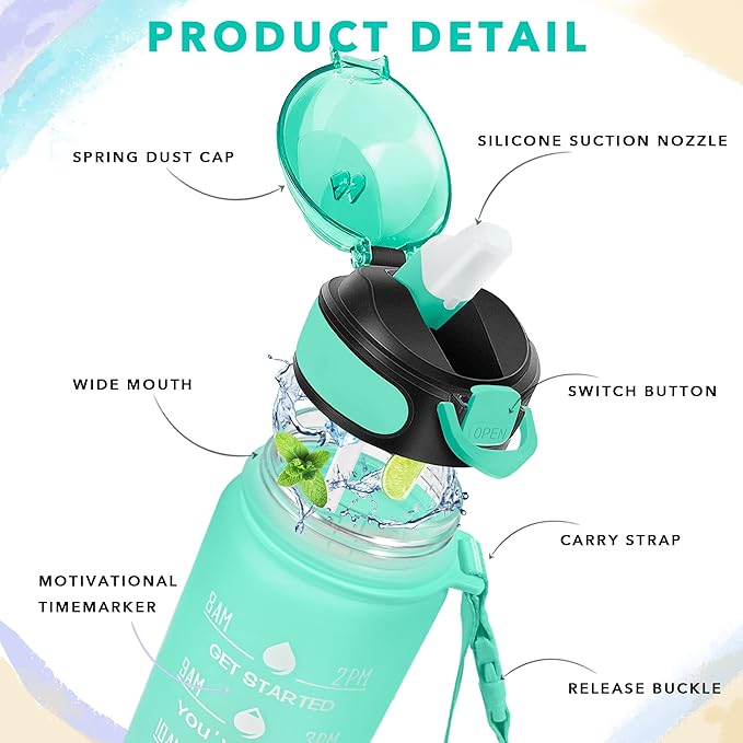 Enerbone 32 oz Water Bottle with Times to Drink and Straw, Motivational Drinking Water Bottles with Carrying Strap, Leakproof BPA & Toxic Free, Ensure You Drink Enough Water for Fitness Gym Outdoor