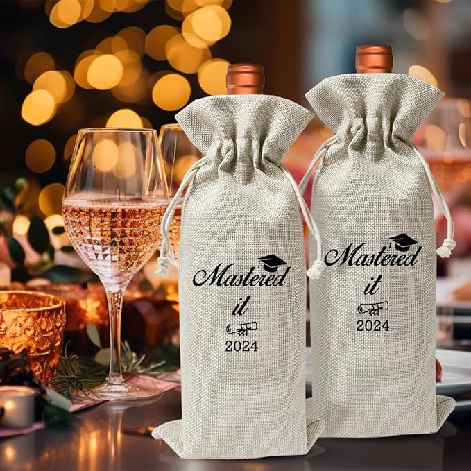 Masters Degree Gift Wine Bag For Bachelors Grad, Funny Masters Graduation Party Decoration, Mastered It 2024, Graduation Party Decoration, Farewell Masters Degree Gift, Reusable Drawstring Burlap Bag