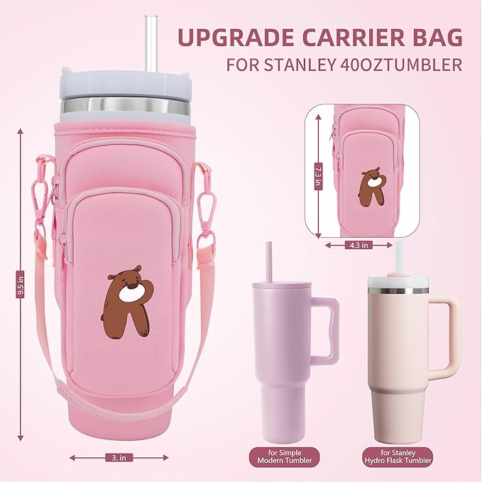 Water Bottle Carrier Bag with Phone Pocket for Stanley 40 oz Tumbler Neoprene Water Bottle Holder Pouch with Adjustable Strap Bollus with Straw Cover & Carabiner for Stanley Cup Accessories