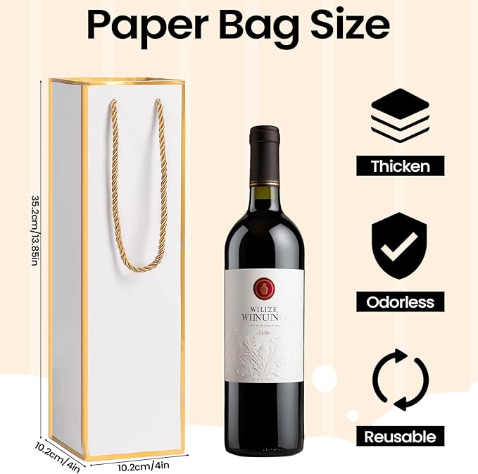 ISKYBOB 10 Packs Wine Gift Bag with Handle, Single Bottle Bags for Wine Kraft Paper Wine Bottle Gifts Box Reusable Gold Foil Gift Wine Bag for Housewarming, Business Dinner, Birthday Party (White)