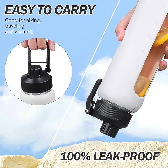 Glass Water Bottles with Straw -24oz- Water Bottle Phone Holder for Gym Sports Water Bottles with Silicone Sleeve Glass Drinking Bottles 2 Lids - Spout & Bamboo Straw Lid(White)