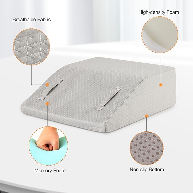 Leg Elevation Pillows for Sleeping, Memory Foam Wedge Pillow for Legs, Knee Wedge Pillow for After Surgery, Swelling, Back Pain and Circulation, Non-Slip Bottom, Removable Cover (8 Inch, Grey)