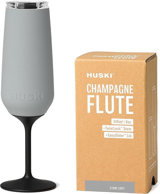 Huski Champagne Flute | NEW | Premium Stainless Steel Champagne Glass with Lid | Go Stemmed or Stemless with Detachable Stem | Triple Insulated Tumbler | 8oz Capacity | Great Gift (Stone Grey)