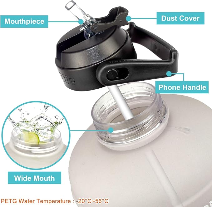 QuiFit 1 Gallon Water Bottle - with Straw & Motivational Time Marker Leak-Proof BPA Free Reusable Gym Sports Outdoor Large(128OZ) Capacity Water Jug(Gray/Black Gradient,1 Gallon)