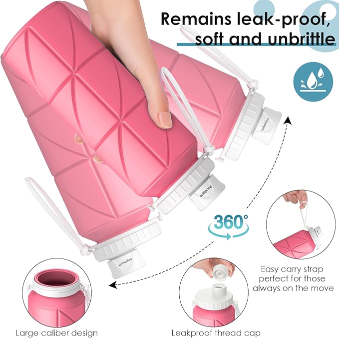 Collapsible Water Bottle Foldable Silicone Travel Water Bottle Leakproof Flexible BPA Free Portable,Folding Water Bottle Lightweight for Camping, Hiking,Sports Water Bottles Travel 23oz