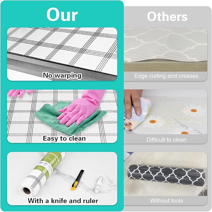 Shelf Liner,Drawer Liner for Kitchen Cabinet,12 in x 10 FT Cabinet Liners Non-Adhesive Non-Slip Contact Paper Waterproof Kitchen Liner Protect Desks, Cupboard with Knife and Tape Measure