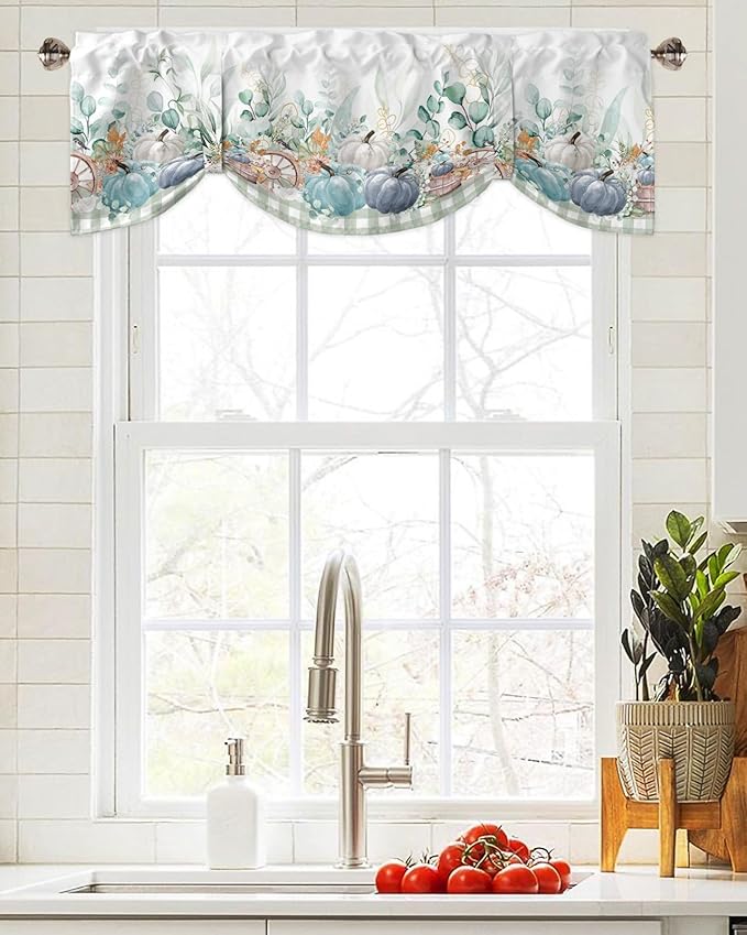 Fall Thanksgiving Blackout Tie Up Valance Curtains for Kitchen Windows Navy Blue Pumpkins Green Eucalyptus Leaves Window Toppers Balloon Shades for Living Room/Bathroom/Bedroom,60" X 18",Sage Plaid