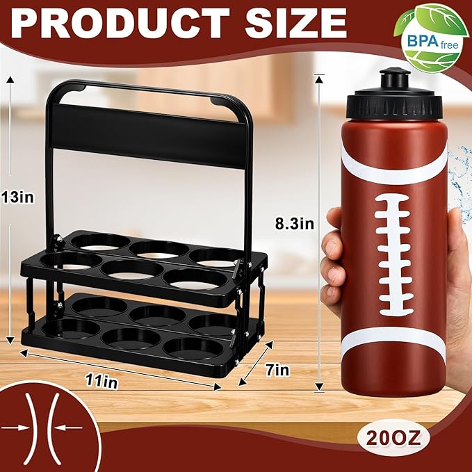 Water Bottle Carrier with 6 Bottles 20 oz Football Water Bottles for Boys with Carrier Squeeze Water Bottles Sports Team Water Bottles with Carrier for Fitness Bike Gym