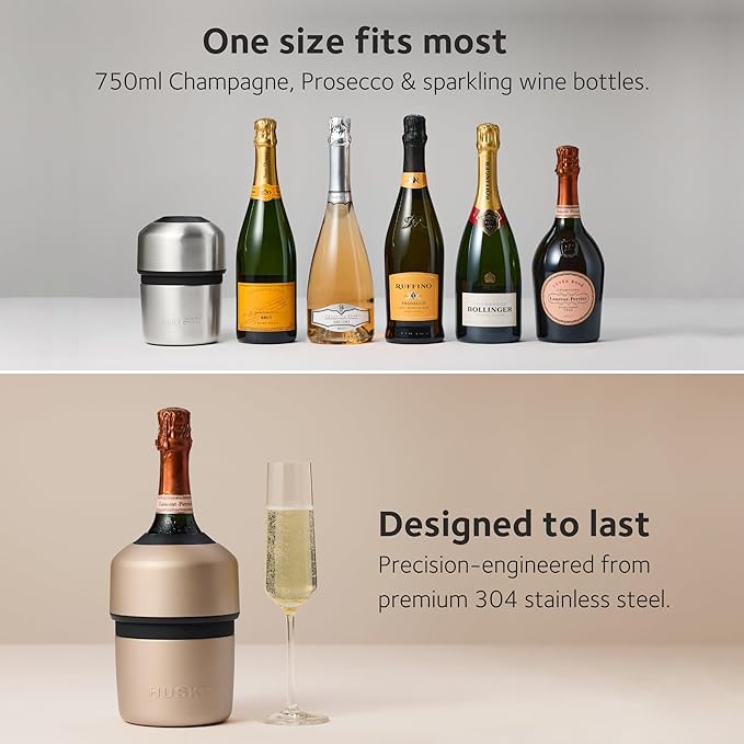 Huski Champagne Chiller | NEW | Award-Winning Iceless Design with Detachable Bottle Stopper | Keeps Wine Cold up to 6 Hours | Fits most 750ml Champagne, Prosecco & Sparkling Wine Bottles (Stone Grey)
