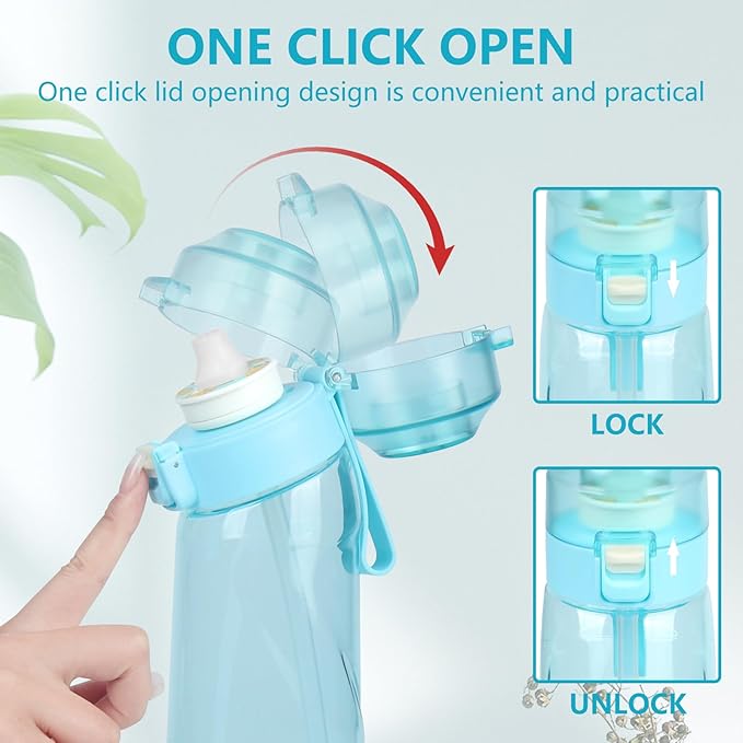 Water Bottle,650ml Air Water Bottle,Water Bottle with Flavor Pods,Leak Proof Sports Water Cup with Straw,Water Bottle Suitable for Outdoor Sports(Blue)