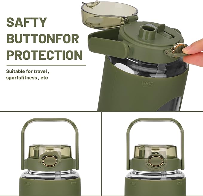 Moretoes 64oz Glass Water Bottle with Straw, Motivational Glass Bottle with Time Marker and Silicone Sleeve, Reusable Large Sports Water Jug for Outdoor Family Exercise (Olive Green)