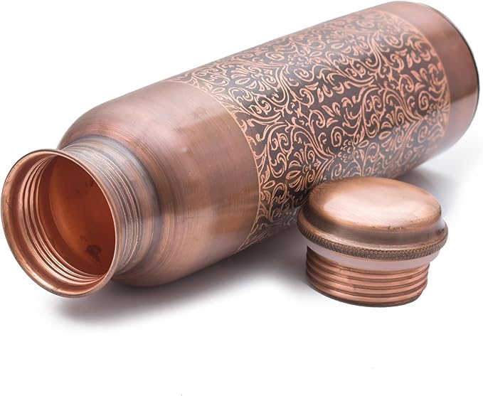 VJR Copper Bottle for Drinking Water 33 Oz Ayurvedic Leak Proof lid Floral Engraved Design Durable Lightweight Hand Washable Vessel Clean Cool Water Natural Minerals Boost Energy Safe Water Utensil