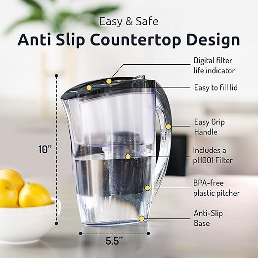 Invigorated Water pH001 Alkaline Water Filter Pitcher - Multi-Stage Water Filter with Anti-Slip Countertop Design - Removes Chlorine Heavy Metals and Fluoride - Increases pH Up to 9 - Long Lasting