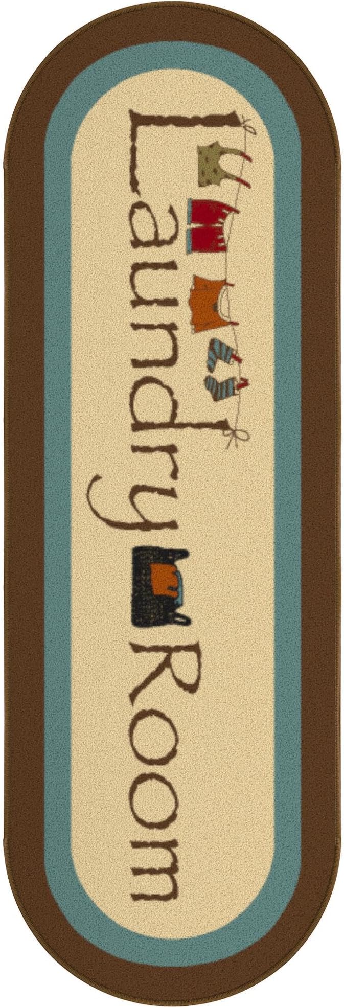 Ottomanson Laundry Collection Non-Slip Rubberback Bordered Design 2x5 Laundry Room Runner Rug, 20" x 59" Oval, Beige