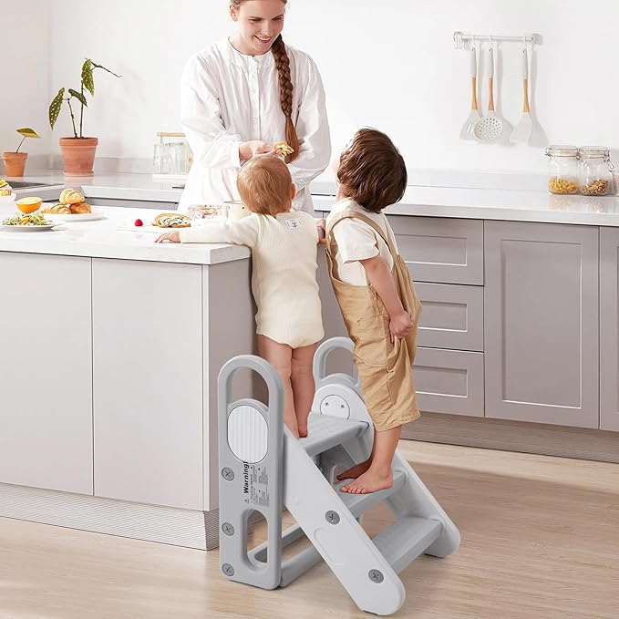 Foldable Toddler Step Stool for Bathroom Sink, Adjustable 3 Steps Ladder for Toddlers with Handles, Folding Nursery Step Stool for Kids Toilet Potty Training, Kitchen Counter Standing Helper, Grey