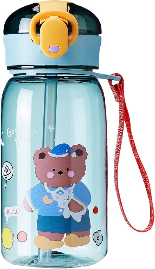 Kid Water Bottle, Cute Water Bottle, Kawaii Water Bottle with Straw and Strap, Clear Bear Water Bottles for Travel, Outdoor, 14oz