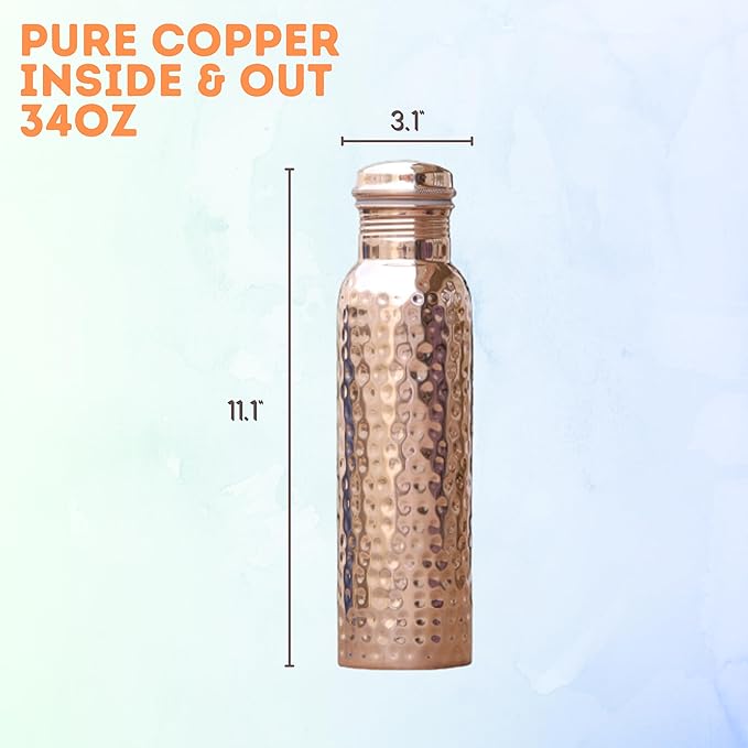 Copper Water Bottle 34oz, Hammered Copper Bottle with Lid Leakproof, Ayurvedic Copper Vessel to Drink More Water for Yoga Gym Sports Travel Daily Use
