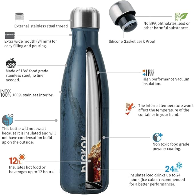 BJPKPK Insulated Water Bottle 17 oz Stainless Steel Water Bottles Cola Shape Water Bottles For Travel,Wood Graphics-Prussian Blue