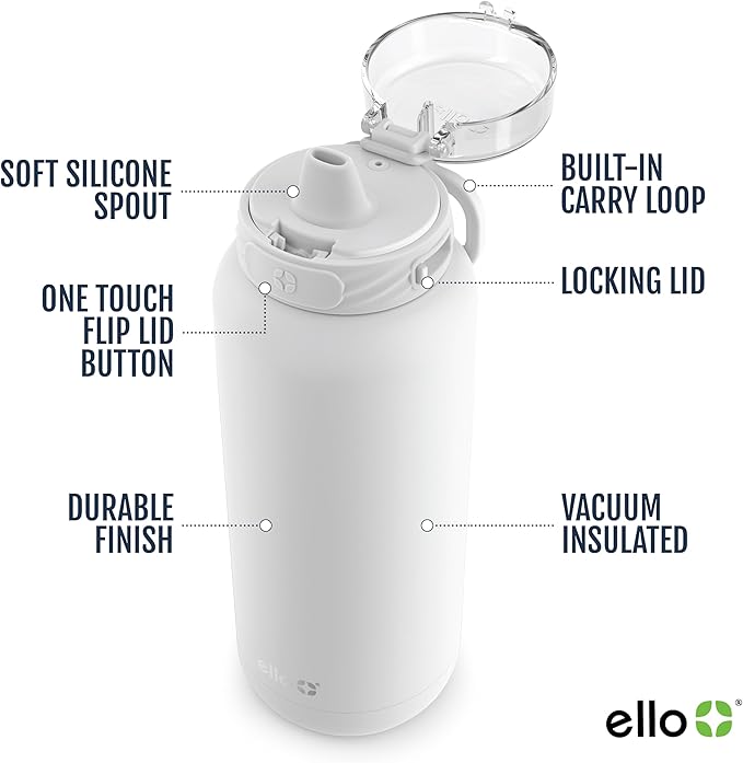 Ello Cooper 22oz Stainless Steel Water Bottle with Straw and Carry Handle, Double Walled and Vacuum Insulated Metal, Leak Proof Locking Lid with Soft Silicone Spout, Reusable, BPA Free, White