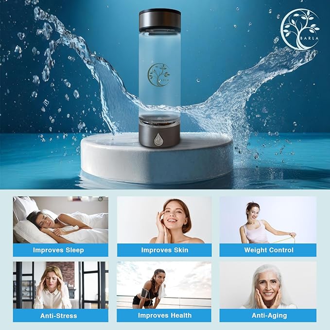 BARLA- 2024 Hydrogen Water Bottle Generator - Rechargeable Hydrogen Water Pitcher - Portable Atmospheric Health Bottles - Hydro Water Ionizer 3min Quick- Echo SPE PEM Technology with Gold Gift Box
