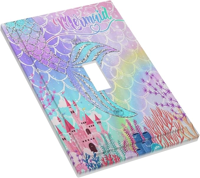 Silvery Glitter Cute Mermaid Tail Fantasy Castle 1 Gang Light Switch Covers Single Toggle Wall Plate Decorative Switchcover Electrical Switchplate for Kidroom Nursery Bedroom Kitchen Decor
