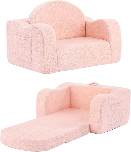 Tiita Kids Chair Couch, Folding Toddler Comfy Sofa Chairs, 2-in-1 Kids Plush Sofa Fold Out, Baby Armrest Chair Sofa to Lounger, Convertible Play Sofas to Bed for Girl or Boy, Pink