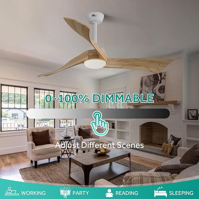 Sofucor 52" Ceiling Fans with Lights Remote Control, 3 Poles for Wave Modern Ceiling Fan with Remote, Outdoor Ceiling Fan for Patios with 6 Speeds and Dimming Lighting, Light Wood Grain