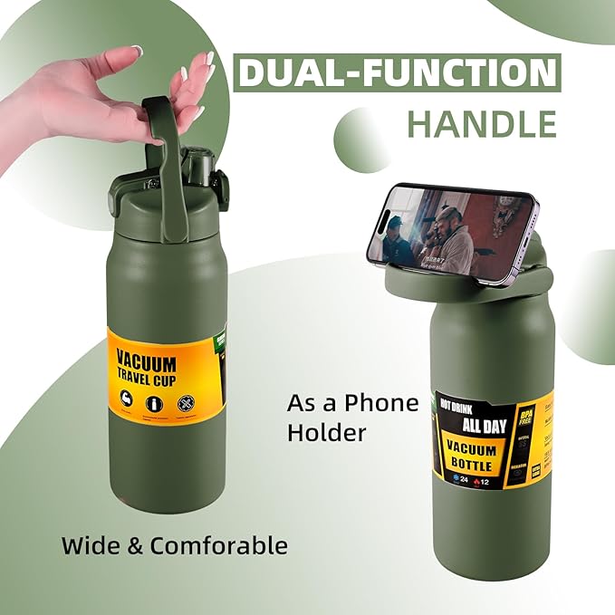 ColorSub 50oz Insulated Water Bottle With 2-in-1 Straw and Chug Leakproof Lid, BPA Free Stainless Steel Wide Mouth Sports Water Cup Flask Army green
