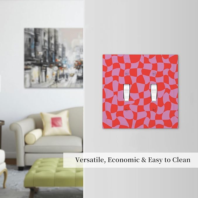 Groovy Check Double Toggle Light Switch Covers 2 Gang Wall Plate Dual Decorative Switchplate Electrical Faceplate for Bathroom Country Kitchen Bedroom Decor, 4.9" x 5"
