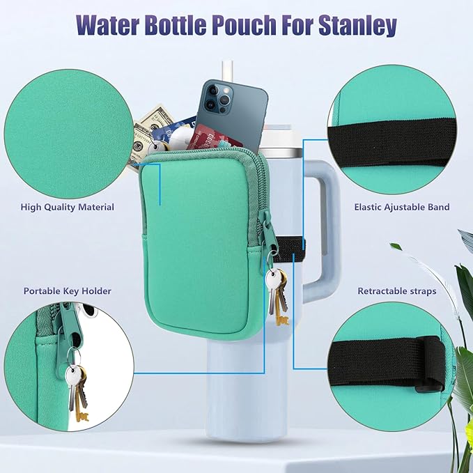 Water Bottle Pouch for Stanley Quencher Adventure 40oz & Stanley IceFlow 20oz 30oz, Gym Water Bottle Pouch for Stanley Cup 40oz,Workout Outdoor Tumbler Pocket for Phone, Card, Keys (Green)