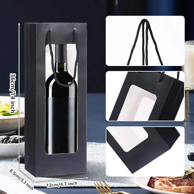 Megitzuu Wine Bottle Gift Bags With Window, 10 Pack Reusable Kraft Paper Wine Gift Bags for Wine Bottle Birthday Party Wedding Bridal Shower Gift Supplies