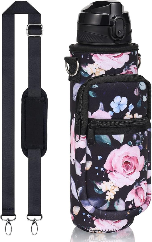 Fimibuke 32 oz Water Bottle with Sleeve - BPA Free Leakproof Sport Large 1L Plastic Motivational Water Bottle with Straw Strap & Insulated Neoprene Holder Carrier Bag Great Xmas Gift for Women Men